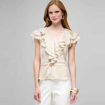 Polka Dot Ruffle Front Button Down Shirt